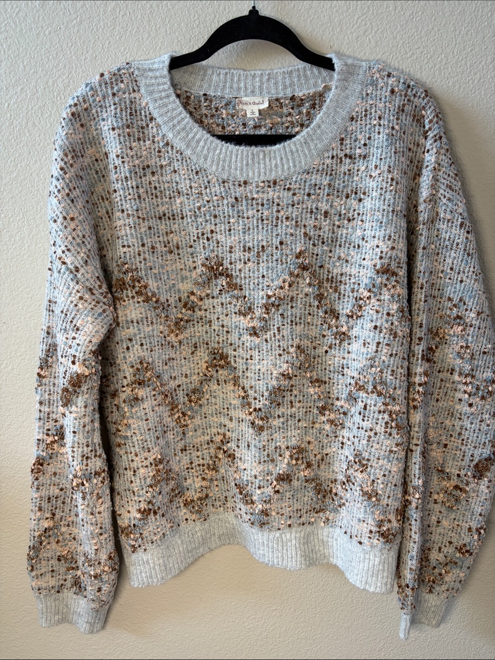 Hem & Thread Light Blue Crewneck Sweater with Brown Chevron Fleck